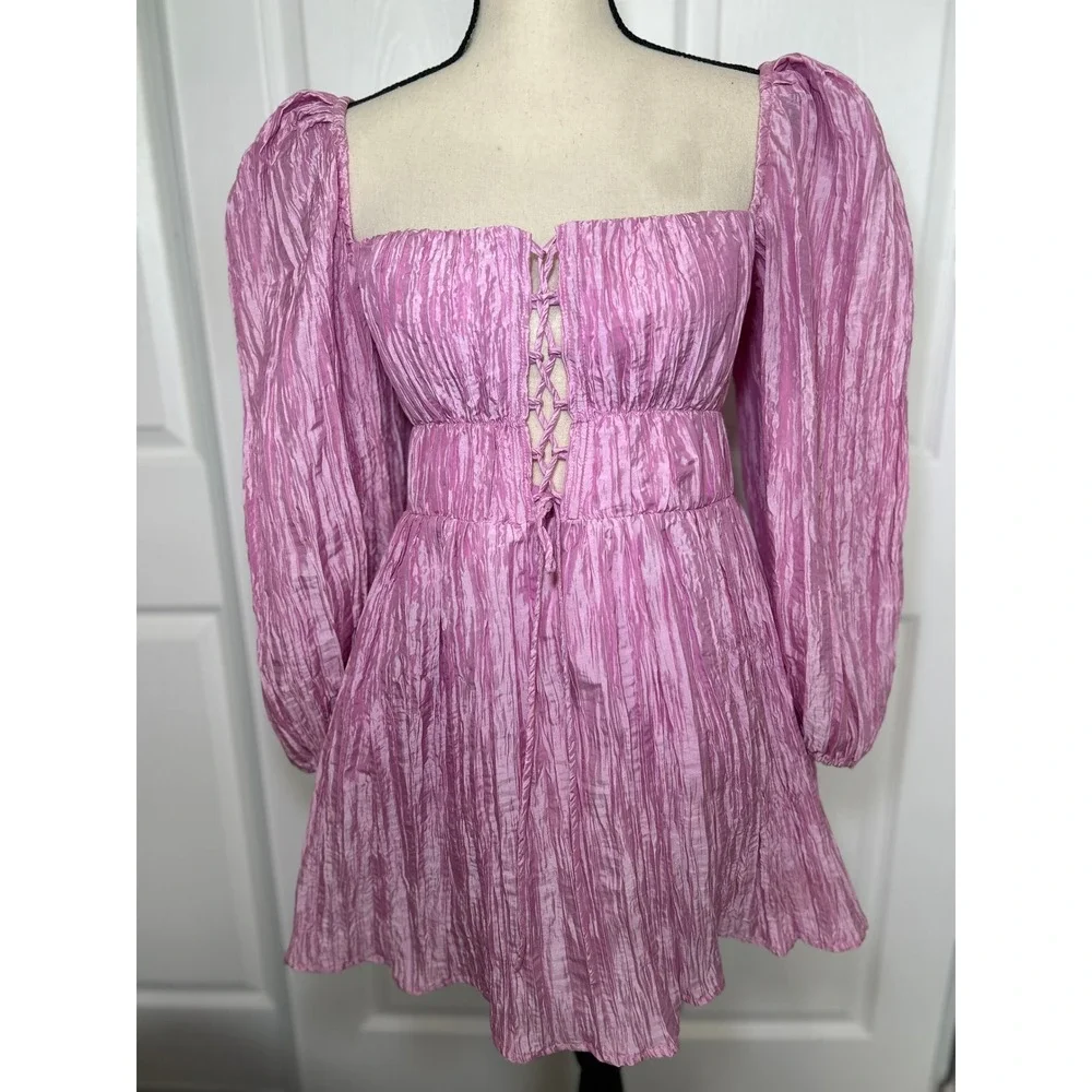 Lovers + Friends Take Me Out Mini Dress Pink Ribbed Taffeta Corset Lace Up Small